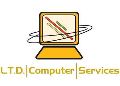 L.T.D. Computer Services: an amber computer with orbiting black rings, colored diagonal lines, and the business name below.