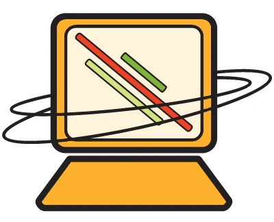 Original computer mark: an amber monitor and base, black orbital rings, and red and green diagonal lines.